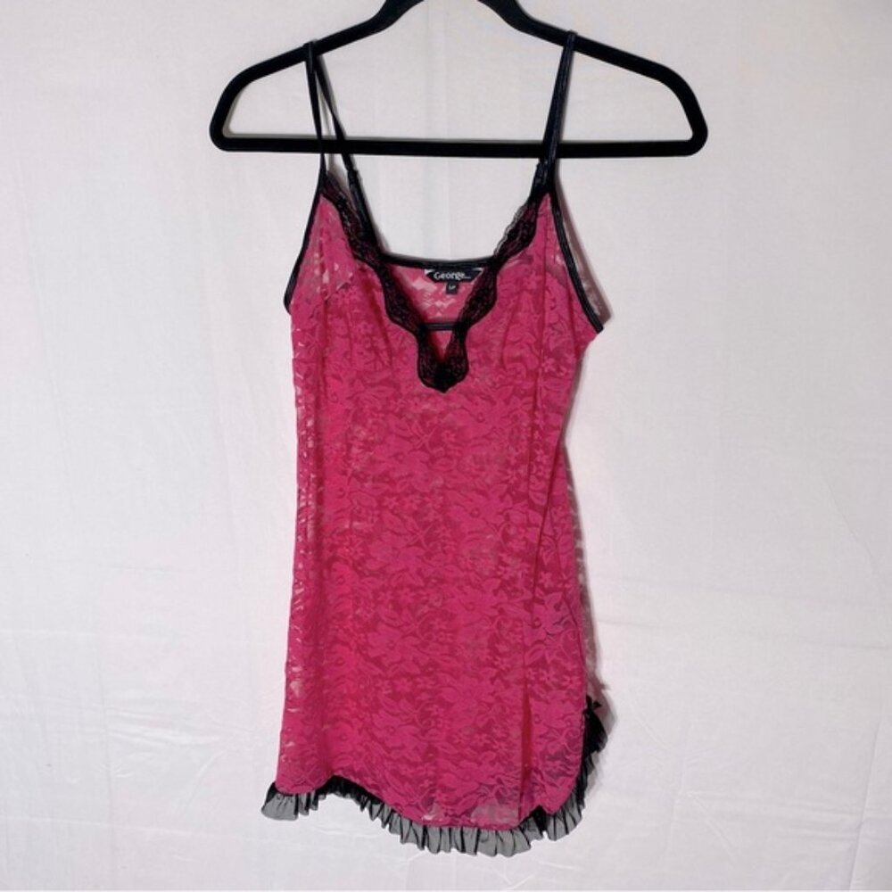 5/$25 George Hot Pink Lace W Black Trim Chemise Lingerie S
